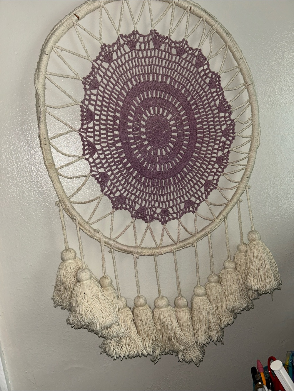Handmade Boho Wall Hanging with Purple Crochet Center